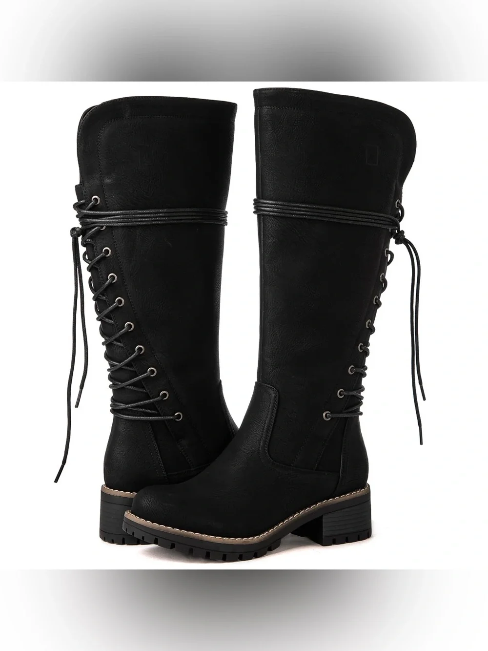 GLOBALWIN Black Lace Up Back Knee High Boots Size 7